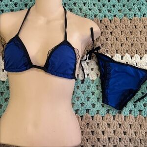 2pc BLUE Triangle Scrunch Butt Booty Lace Trim Sexy Lingerie set Bikin